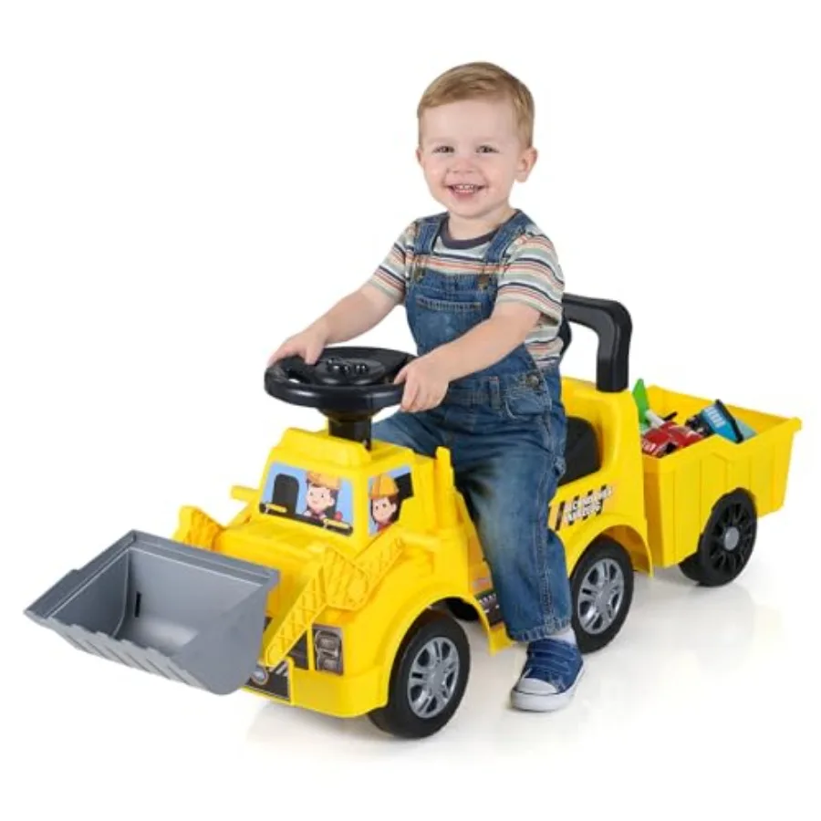 Ride-on excavator for toddlers: steel frame, yellow gray, detachable trailer + under-seat storage + DIY stickers + shovel tool
