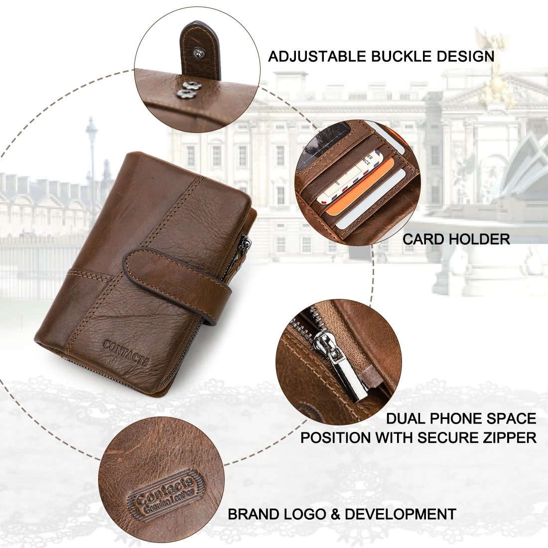 CONTACT\'S Genuine Leather Men Short Wallets Hasp Bifold Card Holder Money Clip Coin Purse Retro Male Mini Wallets High Quality