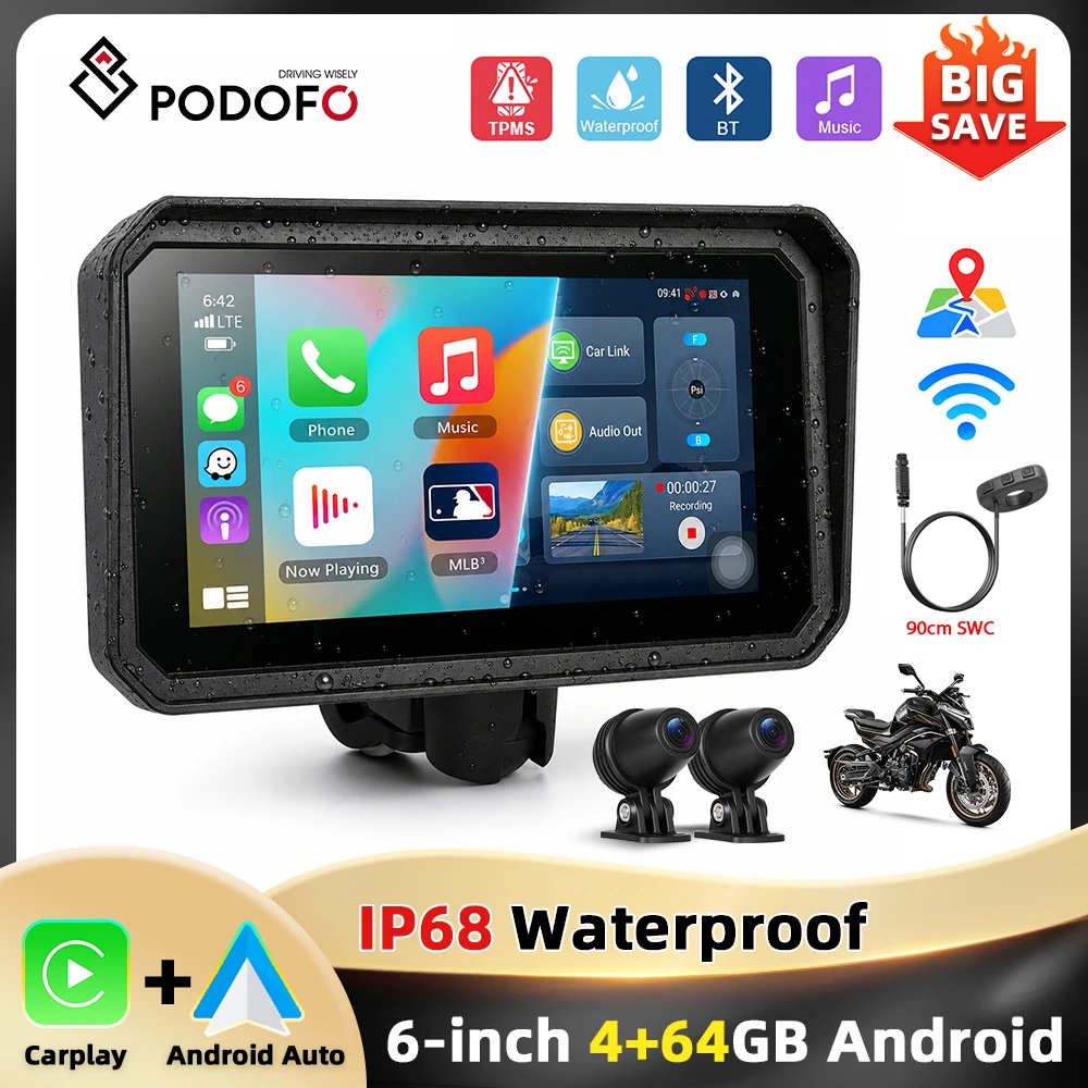 Podofo 6'' 4+64G Motorrad Carplay Android Auto Smart Screen Player GPS WLAN Reifendruckerkennung Doppelkameras IP68 Wasserdichter Tragbarer Player