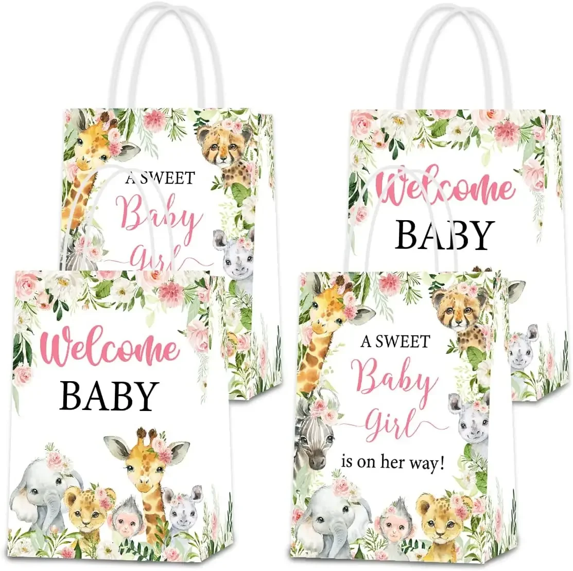 Jungle Animal Theme Candy Treat Bags, Welcome Baby Shower Party Supplies, Sweet Baby Girl is on Her Way, 16 Packs