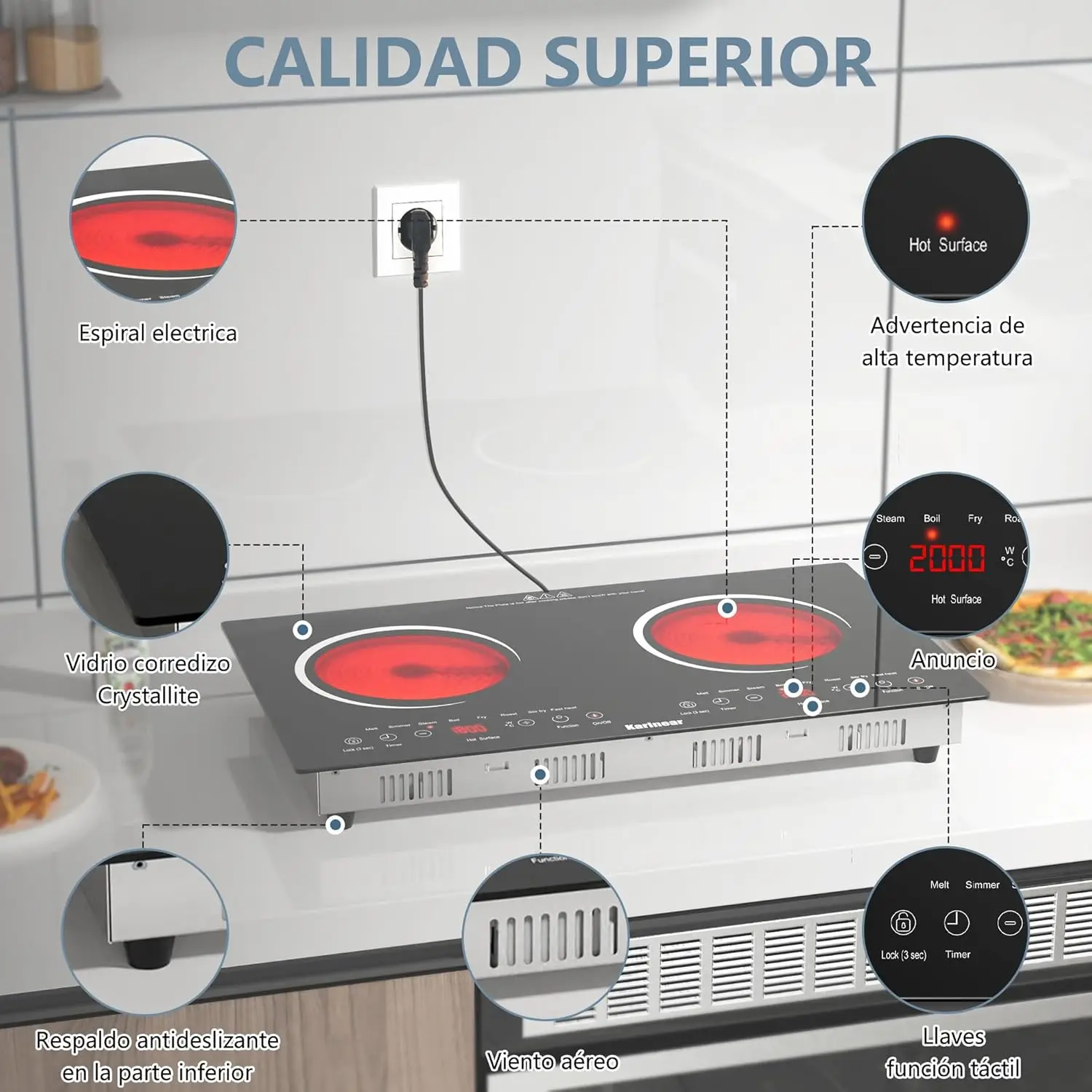 Керамическая электрическая варочная панель Karinear с 2 конфорками, 60x35, столешница или встроенная, с розеткой (США: 110–120 В, Европа: 220–240 В)