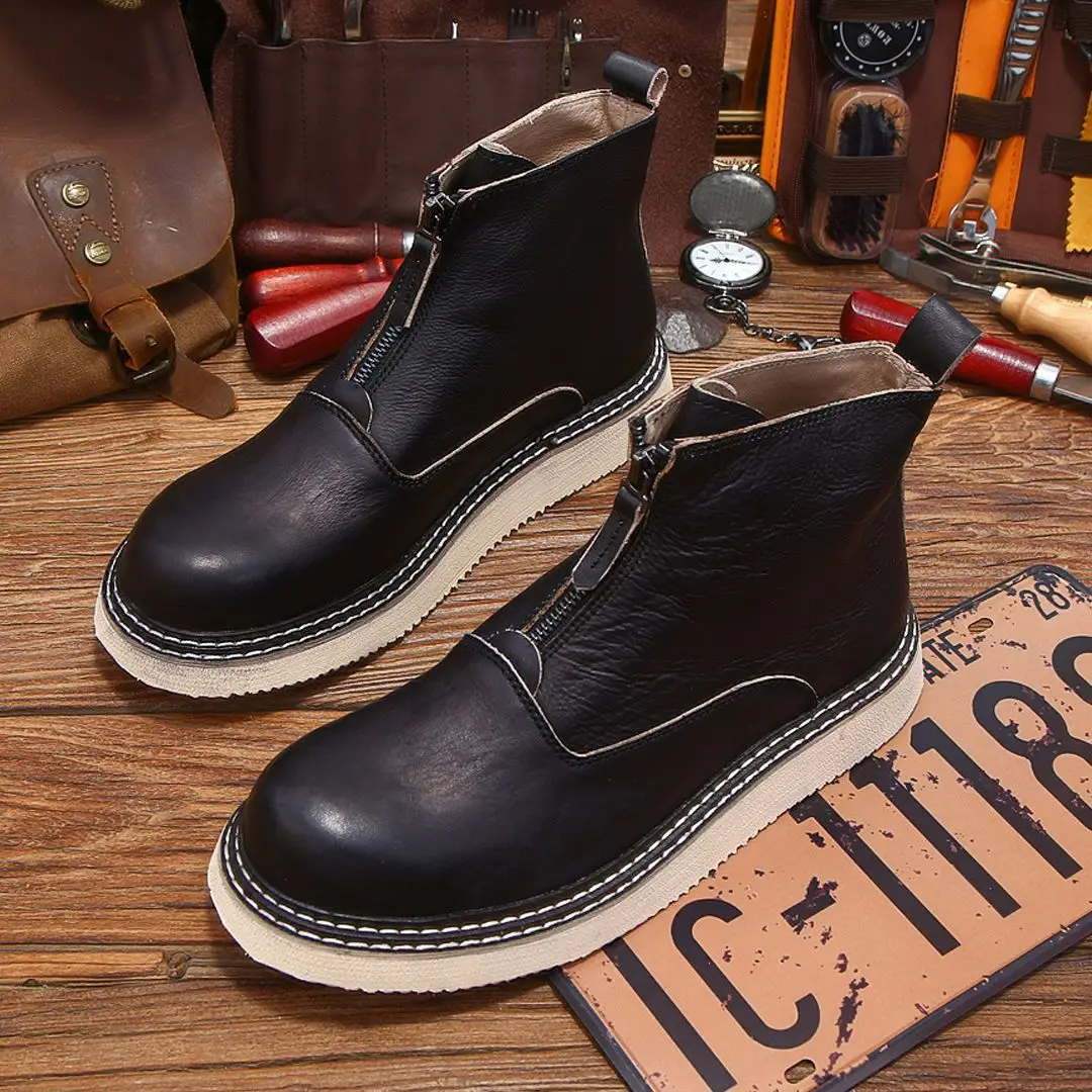 

New Leather High-end Men's Boots Top Layer Cowhide High Top Board Shoes Breathable Soft Sole Outdoor Trekking Walking Sneakers
