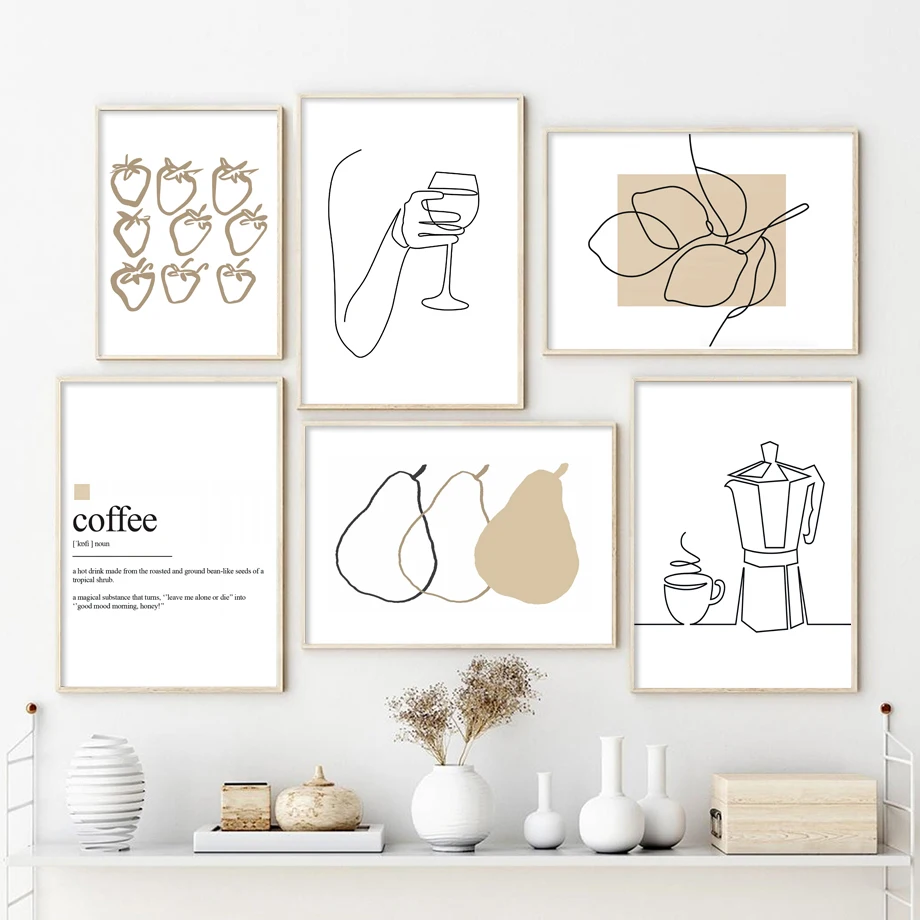 Abstract Lines Coffee Wine Glass Lemon Canvas Painting Nordic Posters And Prints Wall Art Pictures For Kitchen Room Home Deco