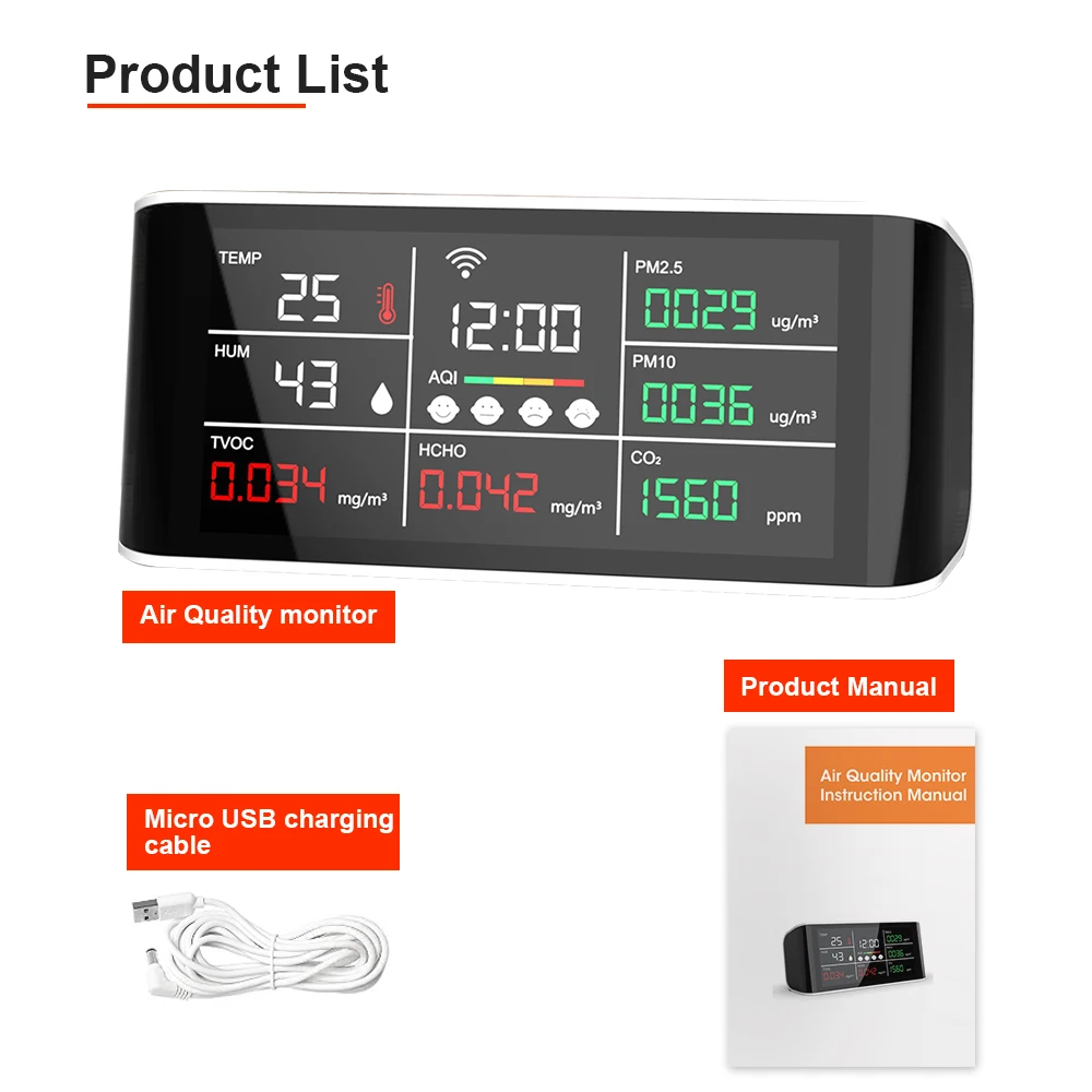 Dienmern DM69D WIFI Desktop CO2 Quality Detector LCD Display PM2.5/HCHO/Temperature/Humidity Sensor Tester,Tuya Wifi Connection