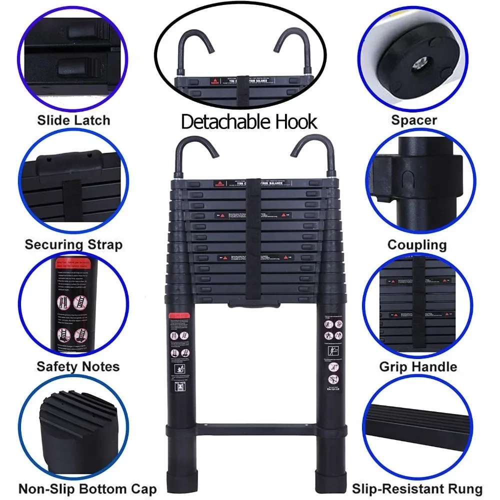 Telescoping Ladder Aluminum Telescopic Multi-Purpose Extension Ladder with 2 Detachable Hooks Lightweight Portable Collapsible