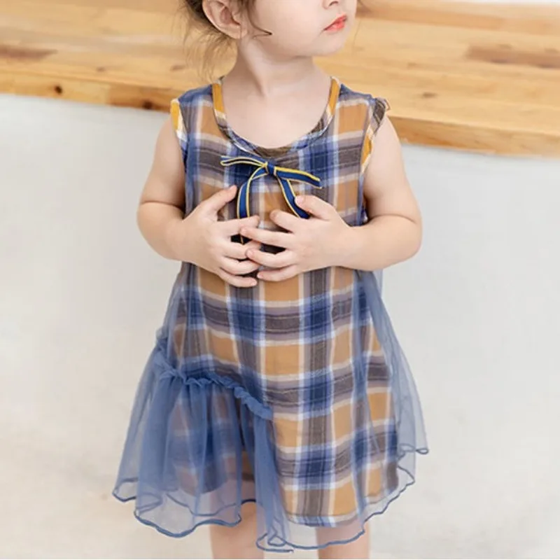 

Girls Summer 2024 New Pullover Round Neck Spliced with Checkered Mesh Slim Fit Folds Fashion Casual Tank Western Fairy Dress