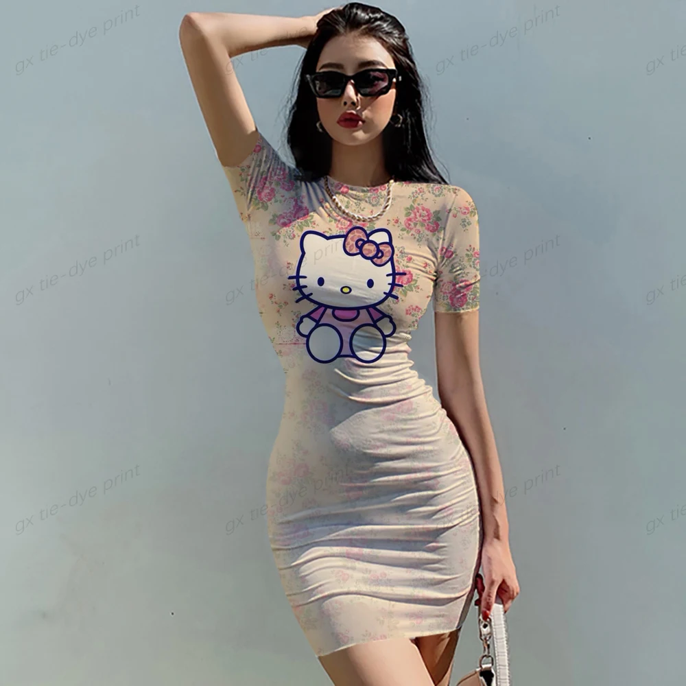 

Woman New Sexy Dress Tank Top Hello Kitty Print Sleeveless Dress Club Party Women's Flower print Fashion Tight Tank Dresse