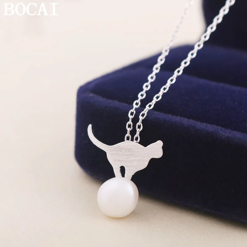 

BOCAI S925 Модное и простое колье-подвеска из чистого серебра с натуральным пресноводным жемчугом в форме кошки