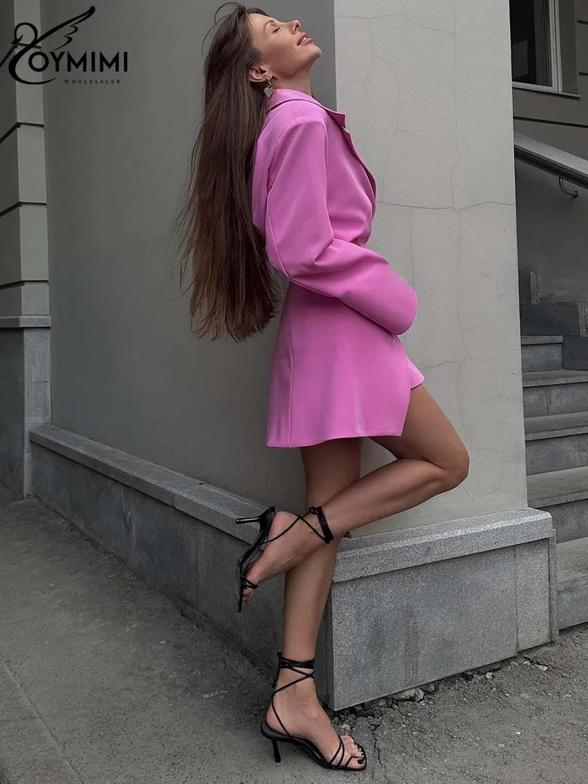 Oymimi Fashion Pink Two Piece Set For Women Elegant Turn Down Collar Long Sleeve Shirts And High Waist Button Mini Skirts Sets