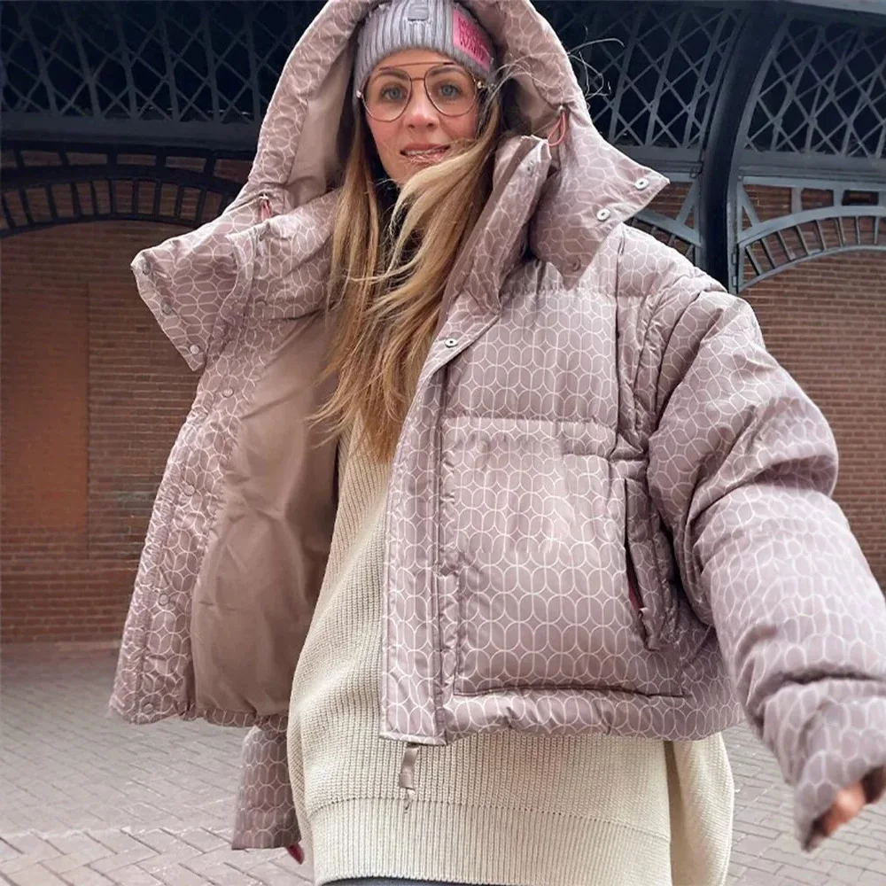 MsChuh Women's Down Coats Parkas Hooded Short Puffer Coat Ropa Mujer Geometric Print Warm Winter Jacket Daily Outdoor Occasion