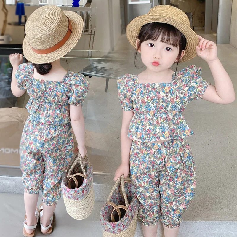 Kids Girls Casual Summer Clothing Sets Outfits for Girls Toddler Floral Print Puff Sleeve Tops+Pant Fashion Children Clothes