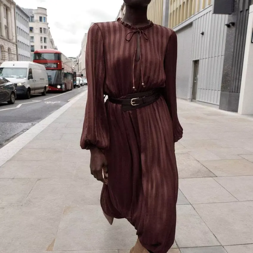 ファイオナブル ミディ丈 ドレス レディース スタイリッシュ 多用途 ベルト付き 秋の新作 ロング丈 ポリエステル オフィス通勤 レディース ドレス