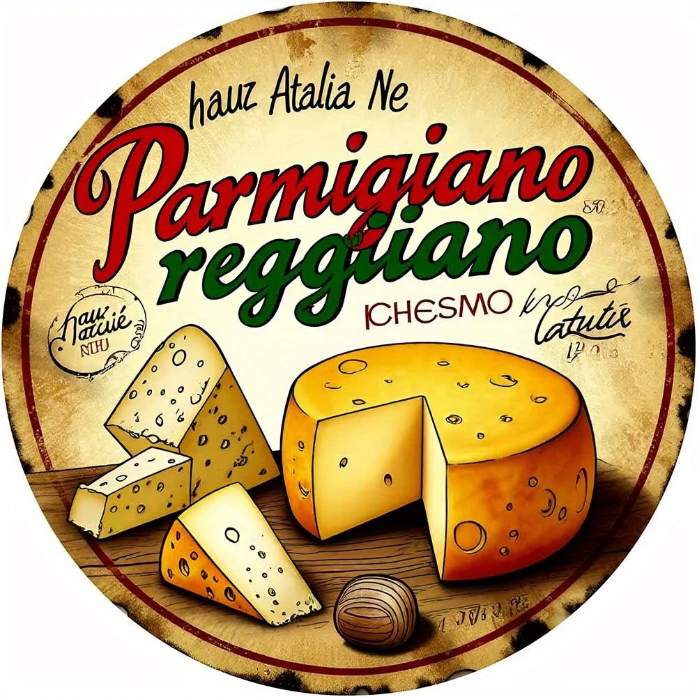 Letrero Metálico Vintage con Texto en Italiano del Queso Parmigiano Reggiano - Placa Plana de Metal 2D de 20.32x20.32 cm, Decoración Rústica de Hierro para Pared de Cocina