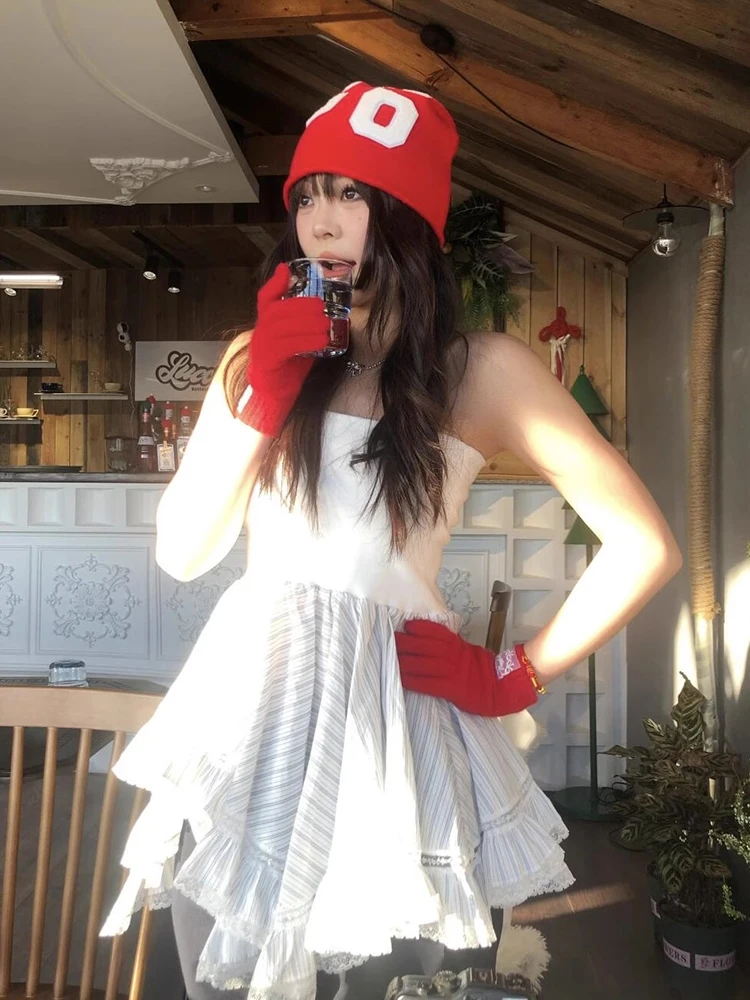 ReddaChic Bandeau Stijl Strepen Onregelmatige Vrouwen Top Zomer Mouwloos Vest Flowy Ruche Zoom Corset Rave Festival Zomer Kleding