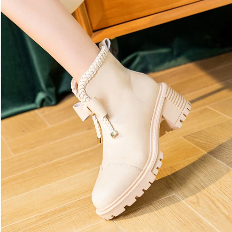 Ankle Boots Women Simple Bow High Heel Beige Modern Boots 2022 Spring Autumn Designer Ladies Luxury Single Boots Botas de mujer