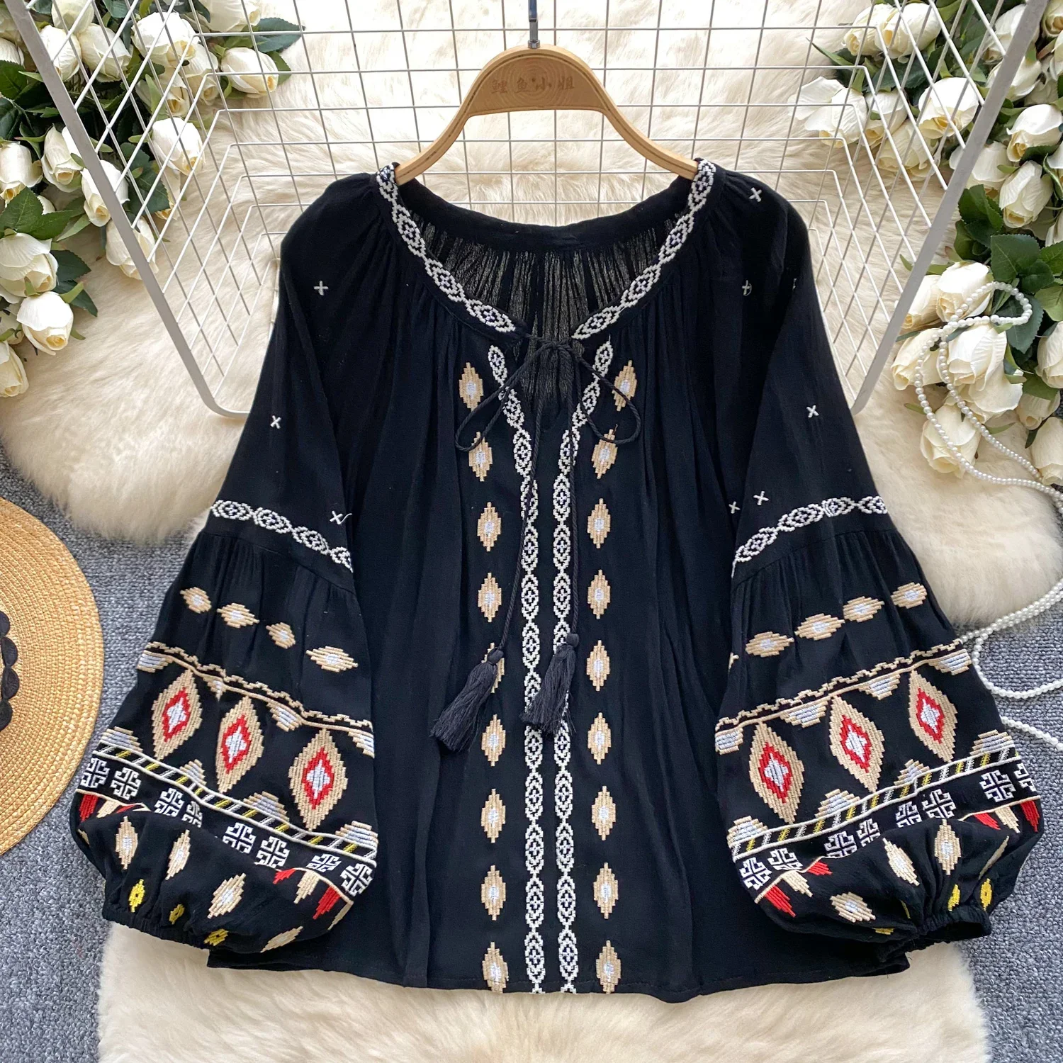 Chic Casual Puff Embroidered Lantern Sleeve Long Sleeve Lace-up Blouse Slim Sexy Sweet Shirt Women Indie Folk Fashion Y2k