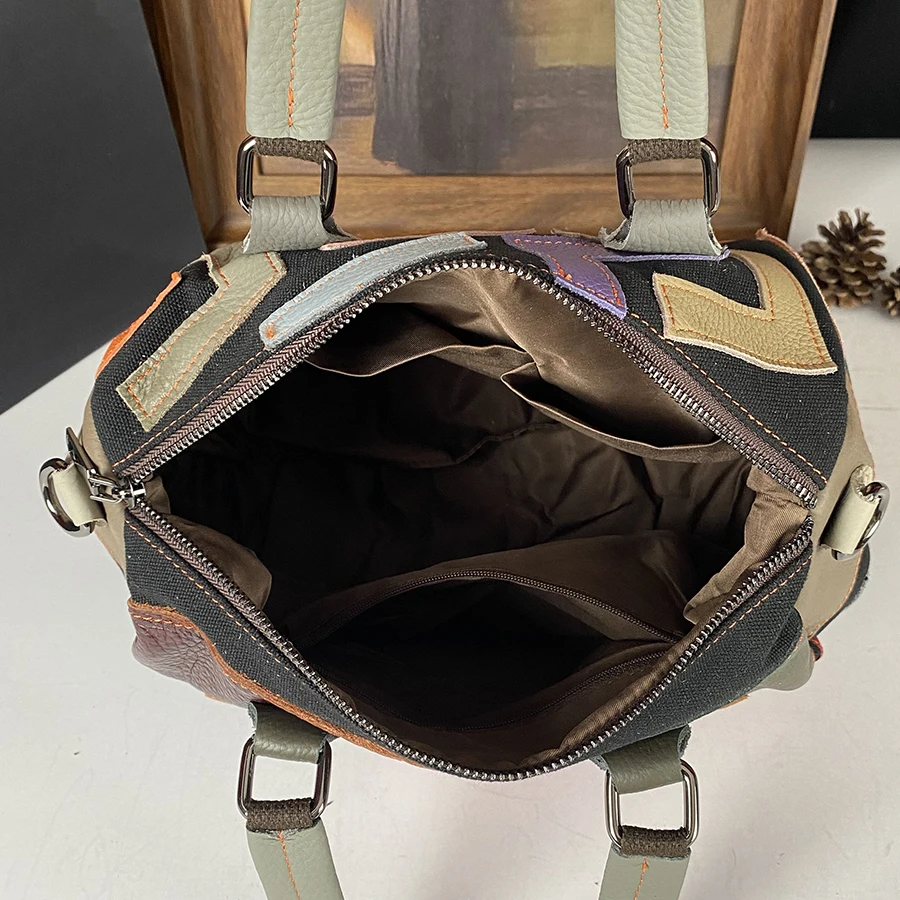 Large-Capacity Women's Bag, Genuine Leather Fashionable Crossbody Bag, Colorful Top-Grain Cowhide Geometric Splicing Handbag