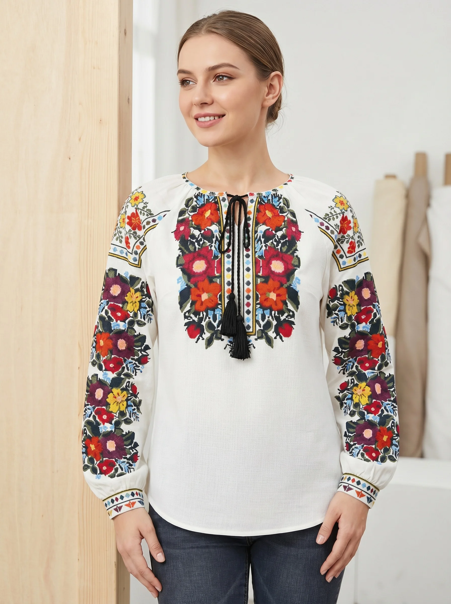 Gadinus Women Ethnic Embroidered Blouse Long Sleeve Floral Print Loose Fit Tassel Neck Top Casual Style