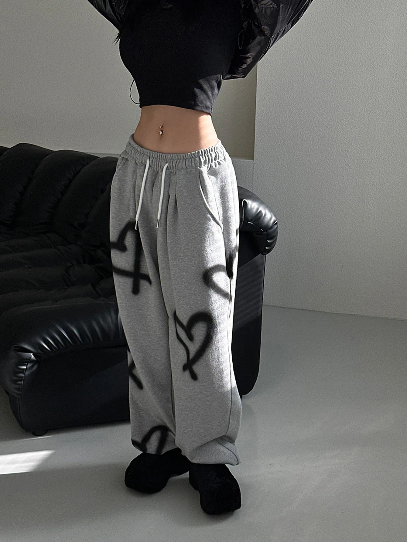 Pantalones de chándal de cintura con cordón y estampado de corazón aleatorio para mujer Pantalones de chándal de pierna ancha Y2k