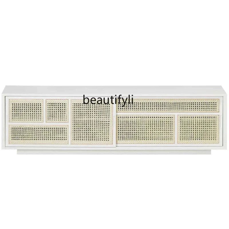 

VModern Minimalist New Chinese Style Solid Wood Entrance Cabinet Living Room Nordic Model Room Rattan Sliding Door TV Cabinet