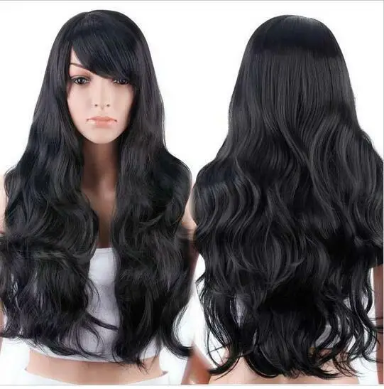 Long Wavy Black Brown Bangs for Women Daily Wear Synthetic Party Wigs