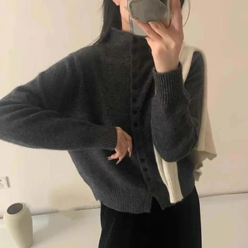Women Stand Collar Button Down Knit Cardigan Sweater Korean Style Casual Knitwear Solid Color Soft Knitted Top for Autumn Winter 4