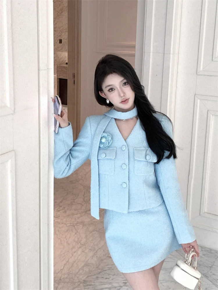 

Sweet Women's Two Piece Sets French Style Floral Casual Flower Ribbon Woolen Coat+high Waisted Skirt Suits Light Blue Outfits