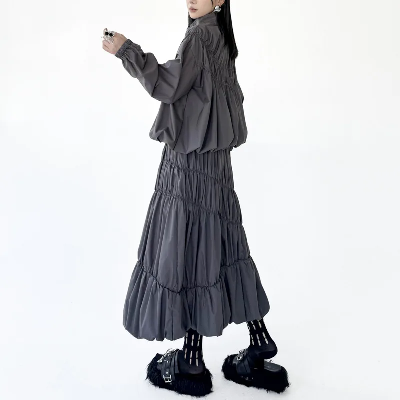 HKSH Women Casual Set Stand Collar Zipper Pleated Shirt Elastic Waisted A-line Skirt Elegant Chic New Spring Autumn 2026 HK19127