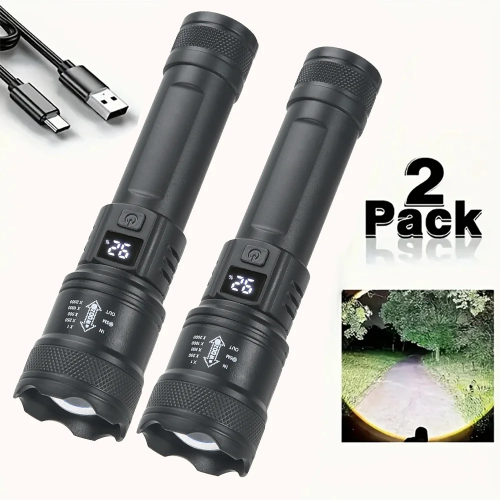 KDULIT LED Flashlight USB Rechargeable Torch with Display Zoomable Light with Battery Camping Hiking Lantern Emergency Lamp