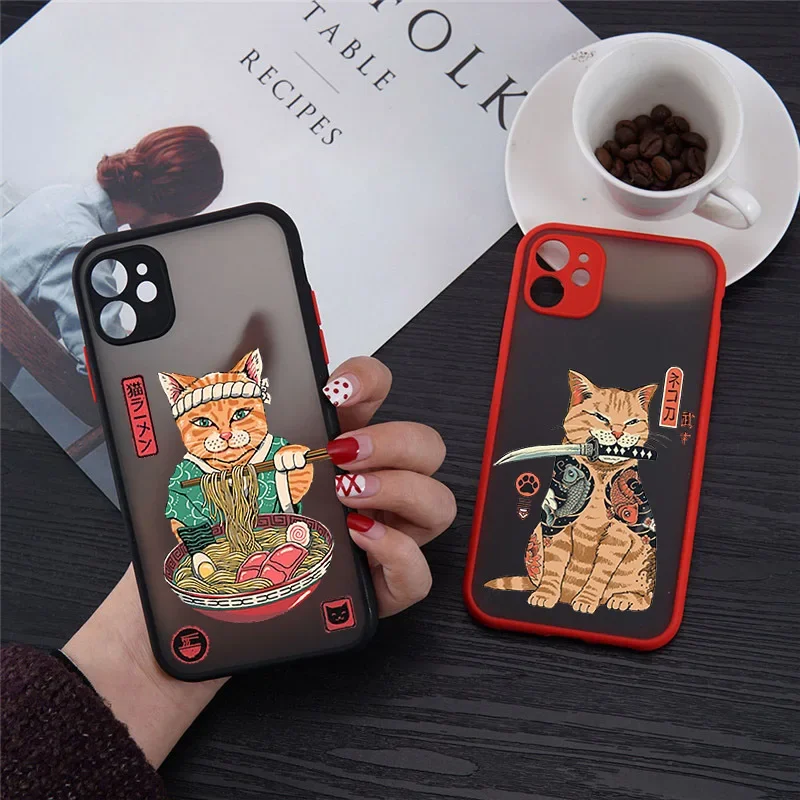 JAMULAR Neko Ramen Japan Cat Anime Phone Case For iPhone 13 12 11 14 15 Pro MAX XS X XR SE2 7 8Plus Cool Hard Matte Cover Fundas