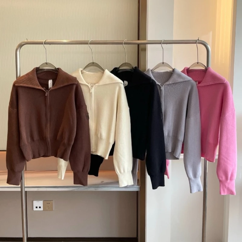 Autumn and Winter Al Knitted Cardigan Solid Thickened Warm Zipper Cropped Cardigan Soft Comfortable Fashion Lapel White Cardigan