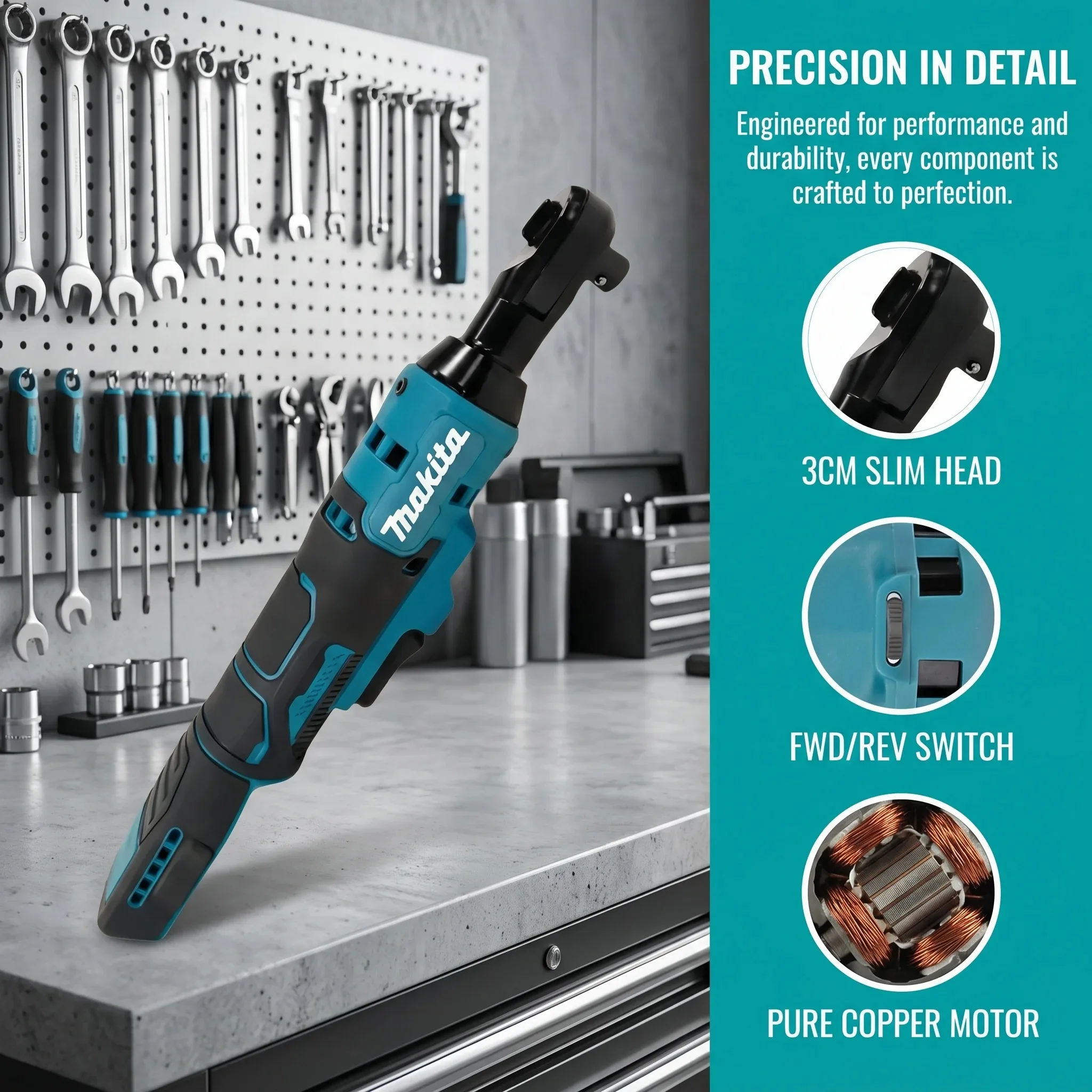MAKITA DWR180Z 18V Cordless LXT Ratchet Wrench 6.35mm Drive 800RPM 47.5N·m Power Tool for Angle and Socket Use