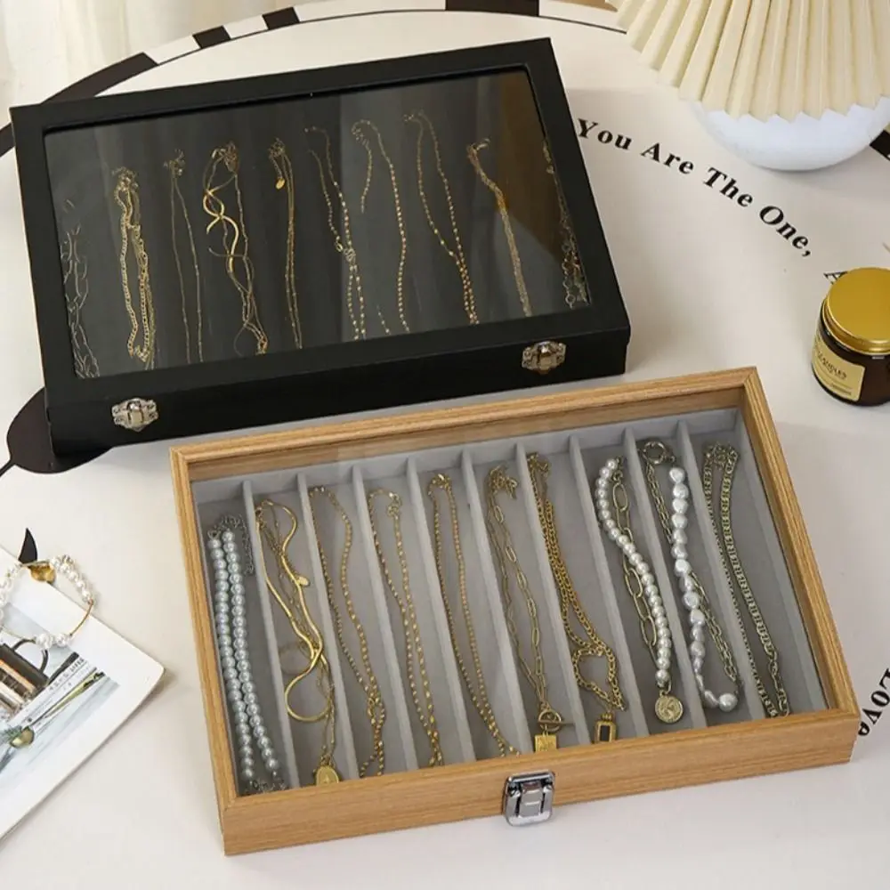 Velvet Fabric Jewelry Storage Tray Solid Color Glass Lid Pendant Display Case Large Capacity Dust Proof Long Necklace Box