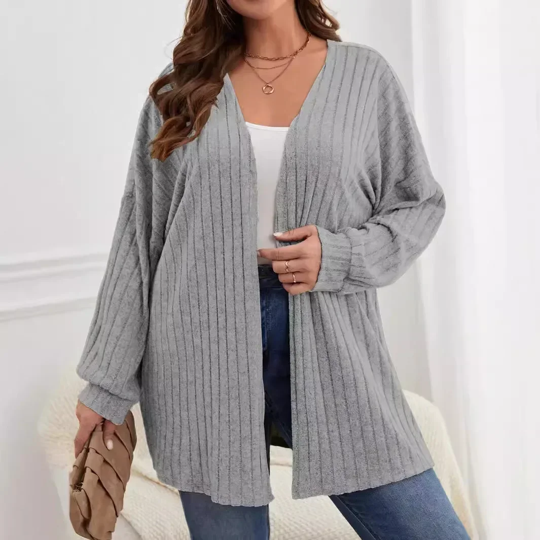 Plus Size Ladies V Neck Long Sleeve Open Front Casual Knit Cardigan