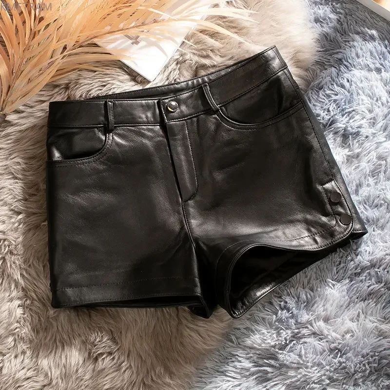 Genuine Sheepskin Leather Shorts for Women 2024 High Waisted Shorts Womens Clothing Korean Fashion Black Shorts Femme