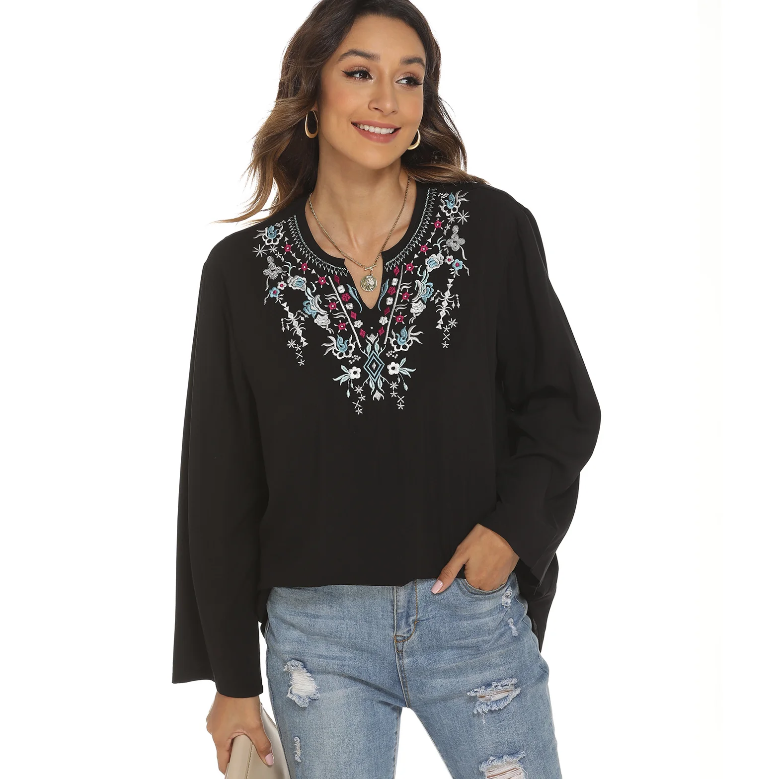 KHALEE YOSE Floral Chic Embroidery Blouse Shirts Black Vintage Mexican Boho Blouse V-neck Sexy Women 2xl 3XL Ethnic Blouse Tops