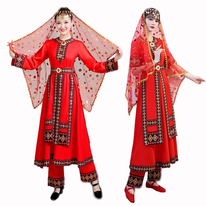 

Chinese Folk Dance Costume Xinjiang Clothing Long Sleeve And Short Sleeve Red Uygur Adult Performane Dress National Stage Wear