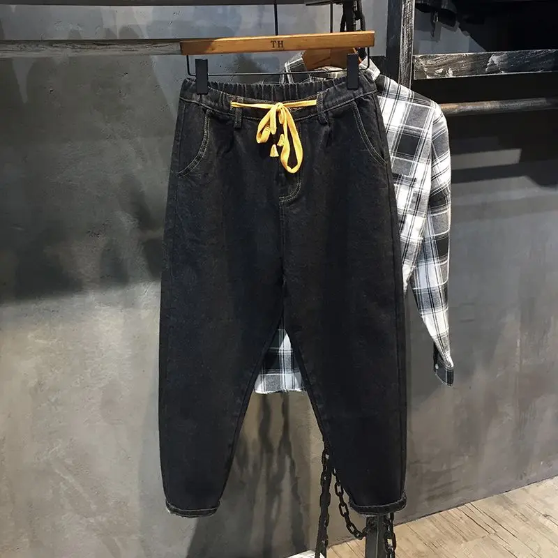 Mens Stretchy Waist Ankle Length Jeans Baggy Tapered Harem Pants Casual All Match Spring Summer Trousers
