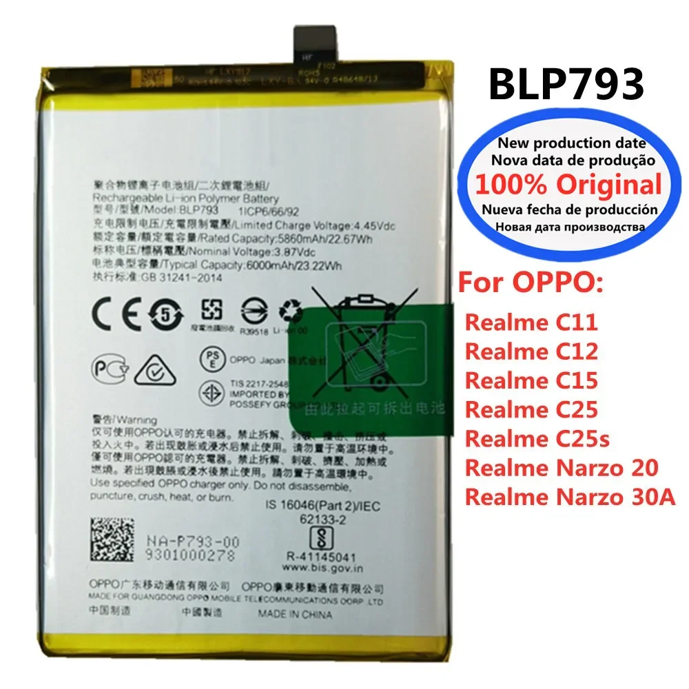 BLP793 6000mAh Original Battery For Oppo Realme C25 C11 C12 C15 C25s Narzo 20 / Narzo 30A Mobile Phone Bateria Batteries