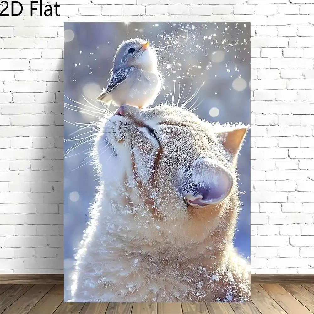 2D Flat, 1pc Vertical Snowfall Harmony Cat & Bird Winter Frameless Canvas Wall Art - Retro Cat & Bird Suitable for Home, Offi