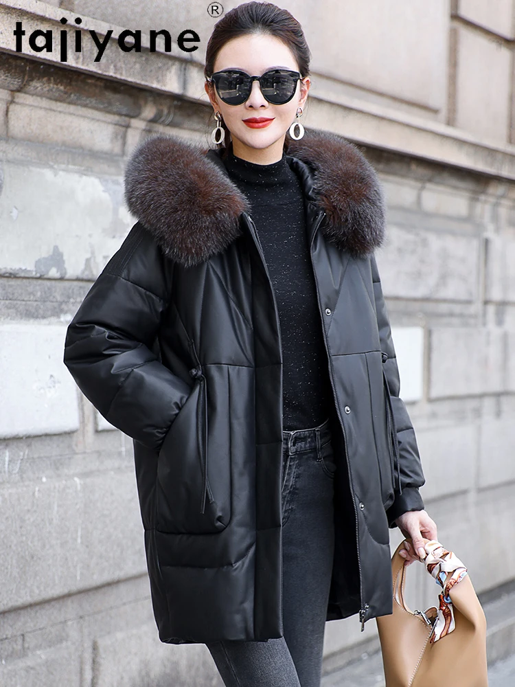 TAJIYANE Płaszcz z owczej skóry z puchem gęsim, damski, z kołnierzem z futra lisa, kurtki ze skóry naturalnej, wysokiej jakości odzież wierzchnia damska, zimowe ubrania damskie 2025