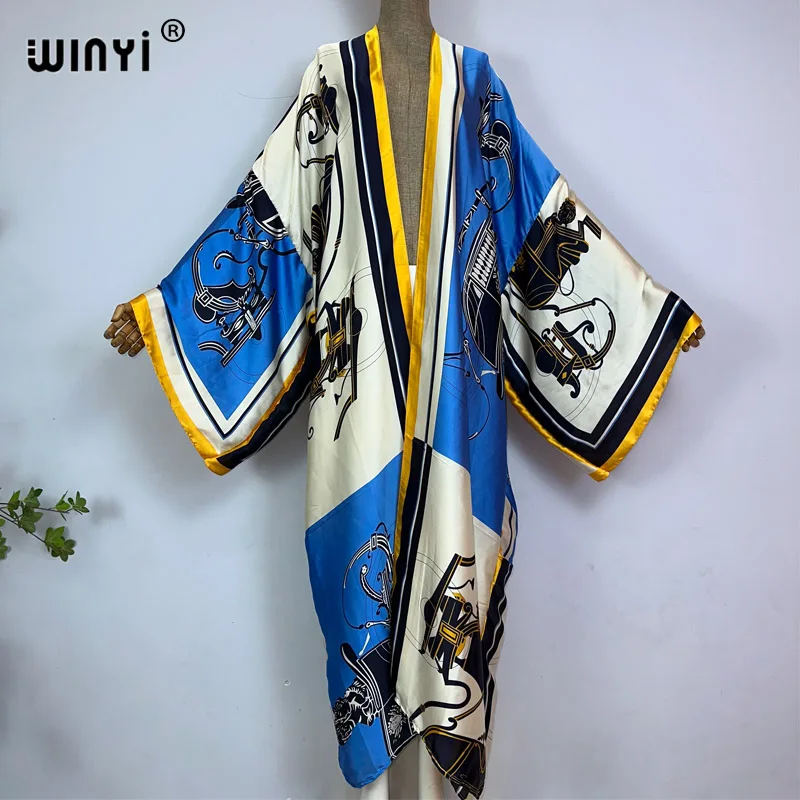 

WINYI kimono Africa summer boho print Bikini Cover-up Elegant fashion Cardigan sexy Holiday long Sleeve silk feeling maxi dress