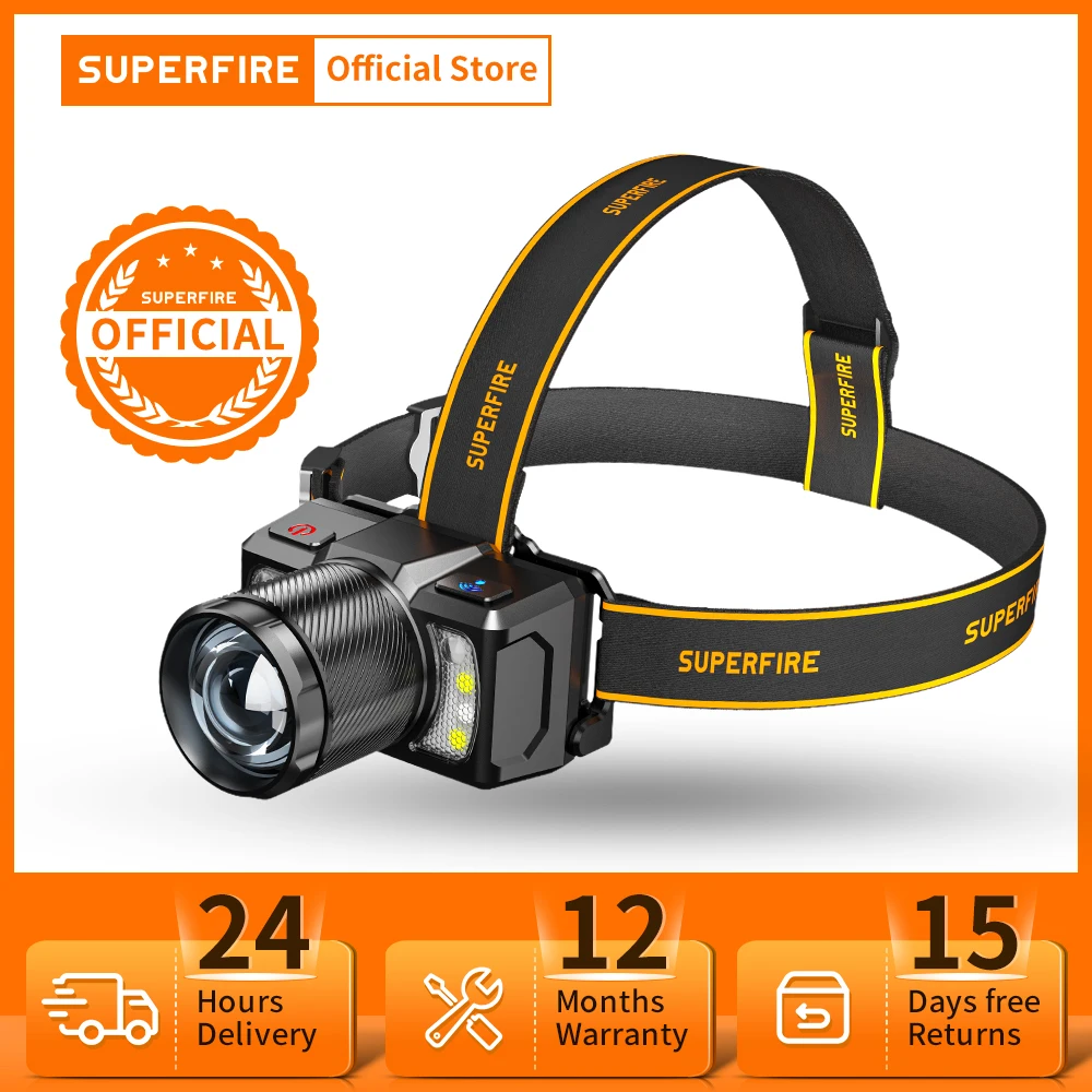 SUPERFIRE HL25 COB LED Sensor Headlamp 15W USB C Rechargeable Zoomable Headlight Fishing Waterproof Super bright