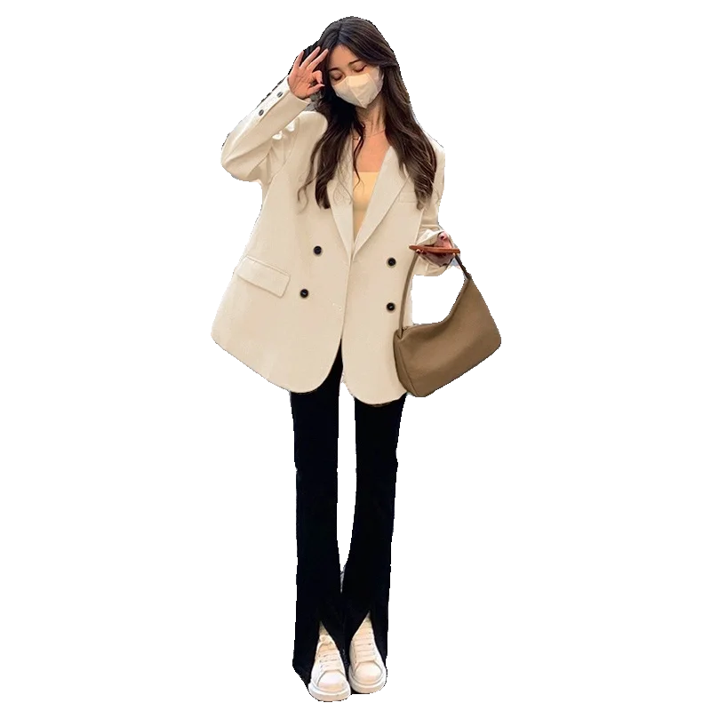 Autumn Women's Casual s Jaets Coats Suits Straight Cut Street Sle Long Sve Double Breasted Pure Color