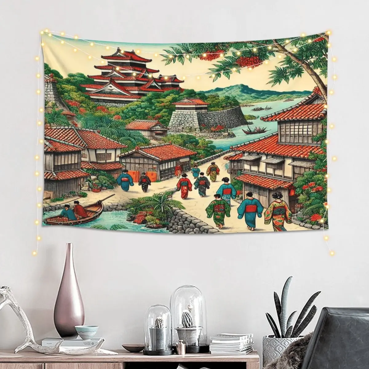 Ryukyu Kingdom Castle Town Walk Tapestry Art Wall Hanging Aesthetic Home Decor Tapestries for Living Room Bedroom Dorm Room