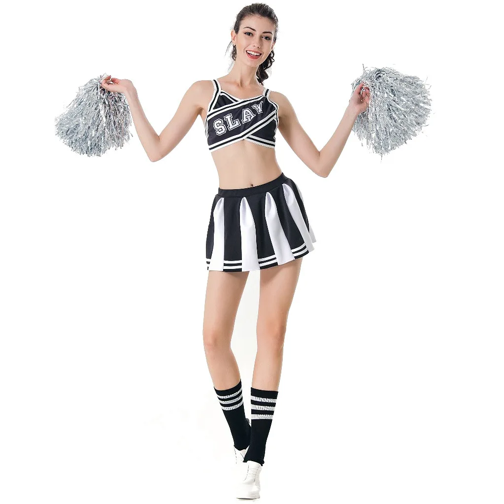 Black Cheerleader Costume Adult Women Crop Top with Mini Pleated Skirt Pom Pom Sport Meet School Girl Cosplay Party Outfit 2024