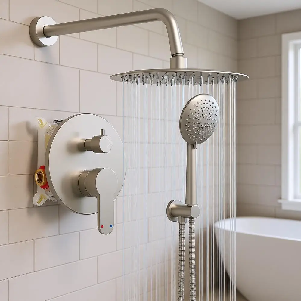 

10 Rain Shower System with Handheld Spray, Wall-Mounted Fixtures, High-Pressure Balanced Shower Set in Brushed Nickel