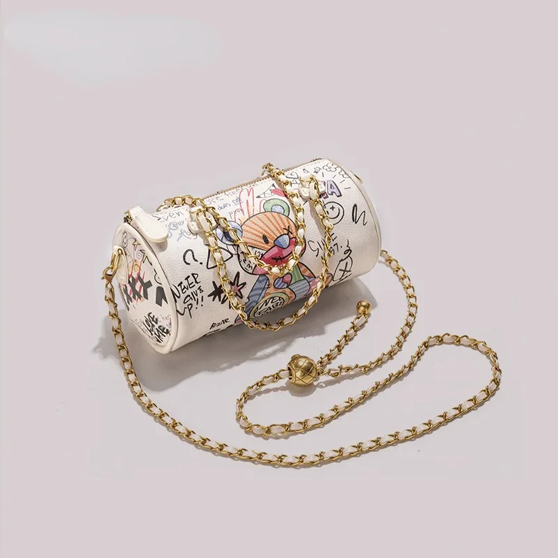 Bag for Women 2023 New Bear Graffiti Mini Cylinder Bag PU Leather Chain Crossbody Full Match Women Shoulder Bag Bolsos Vintage