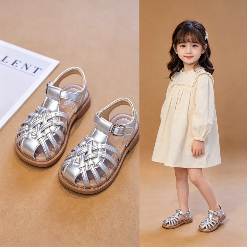 

Children's Hollow-out Sandals Summer Woven Girls Non-slip Flat Shoes Breathable Closed Toe Beach School Kids Gladiator Sandals