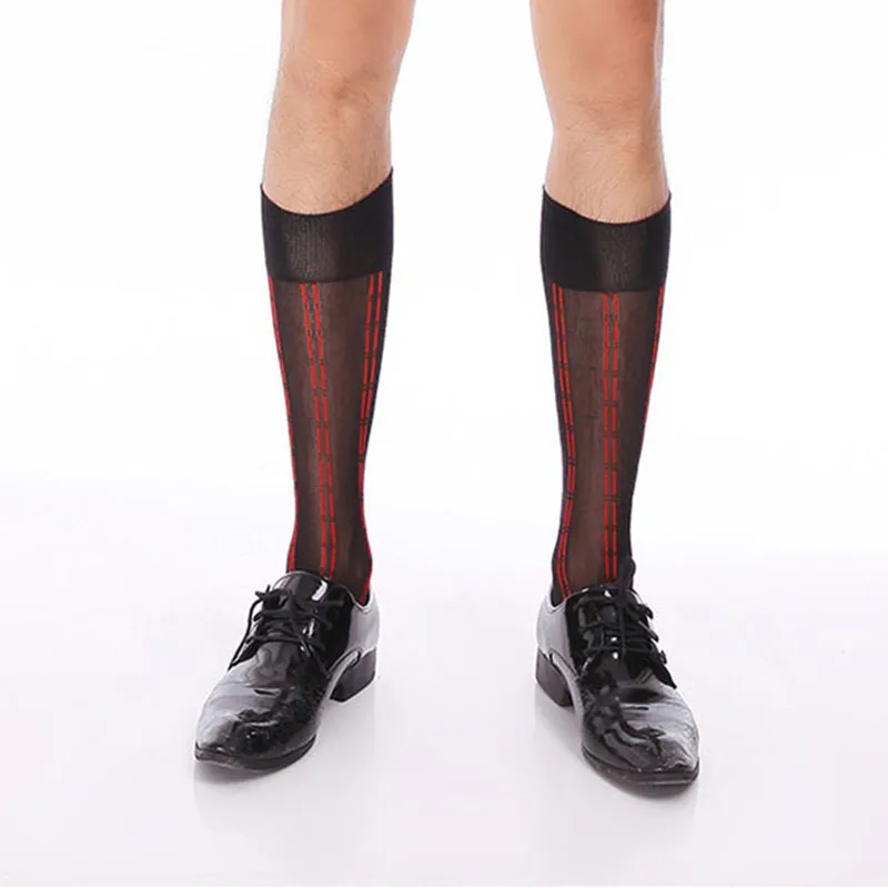 6 Pairs Large Brand Mans Business Silk Socks High Quality Polyamide Sheer Calf Socks Long Vertical Striped See Through Stockings